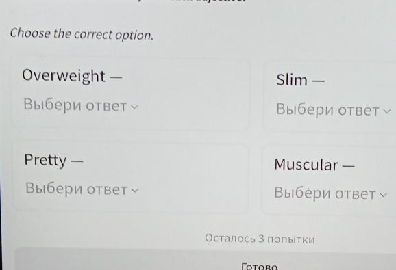 Choose the correct option.
Overweight — Slim —
Выбери ответ Выбери ответ ッ
Pretty — Muscular —
Выбери ответ Выбери ответ ッ
Осталось З поπытки
Totoro