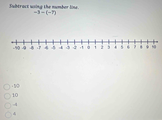 Subtract using the number line.
-3-(-7)
-10
10
-4
4