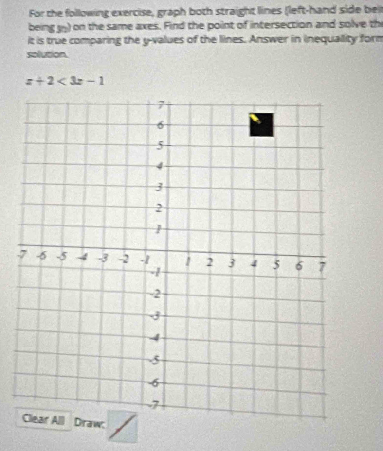 For the following exercise, graph both straight lines (left-hand side belt 
being () on the same axes. Find the point of intersection and solve the 
it is true comparing the y -values of the lines. Answer in inequality form 
solution
x+2<3x-1</tex> 
- 
w:
