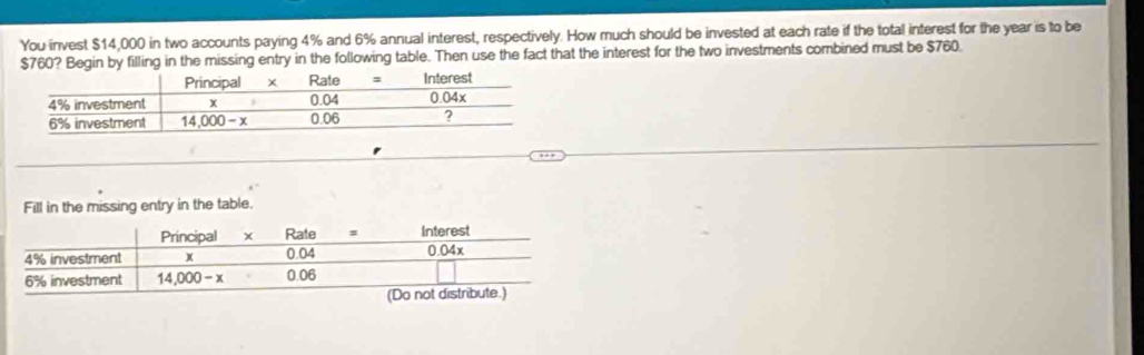 You invest $14,000 in two accounts paying 4% and 6% annual interest, respectively. How much should be invested at each rate if the total interest for the year is to be
$760? Begin by filling in the missing entry in the following table. Then use the fact that the interest for the two investments combined must be $760
Fill in the missing entry in the table.