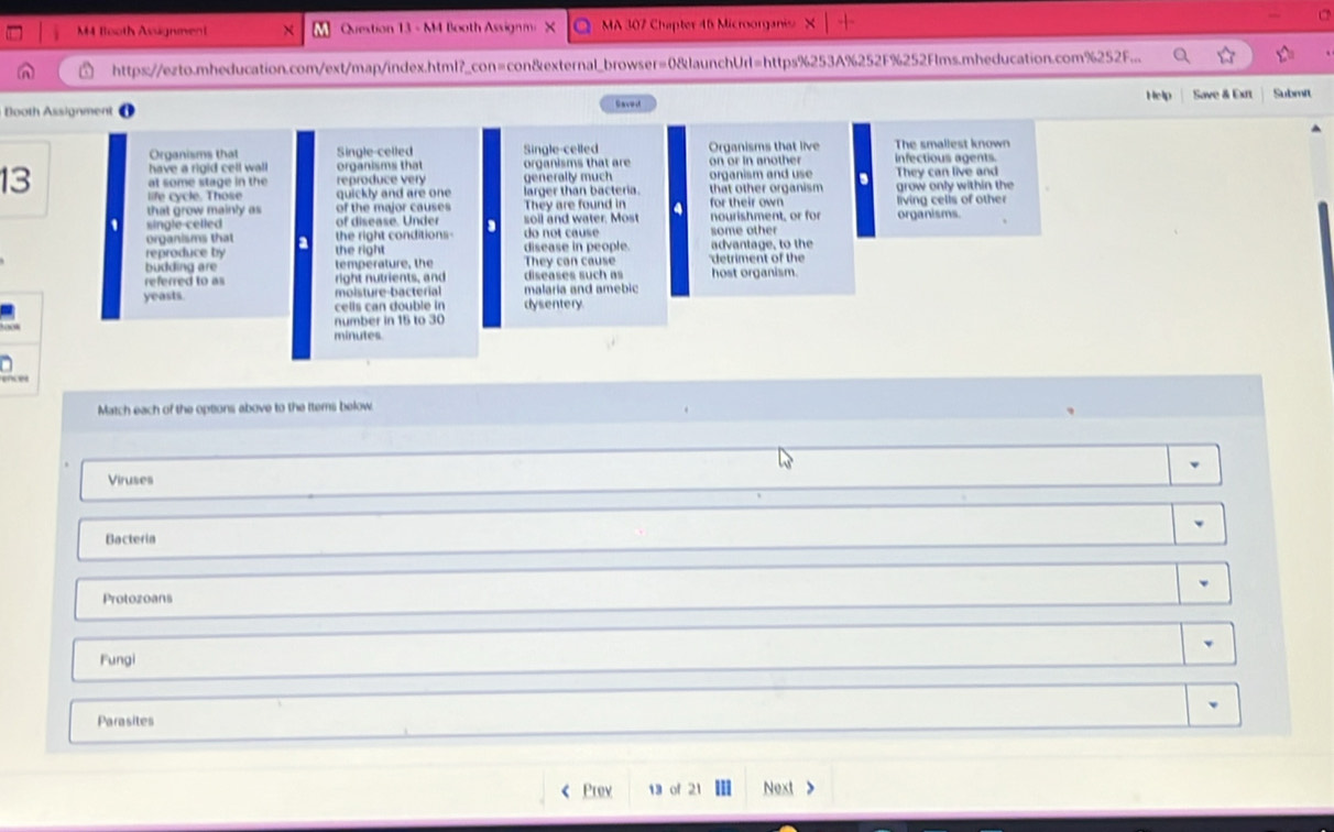 M4 Booth Asugnment Quextion 13 - M4 Booth AssignmX MA 307 Chapter 46 Microorganis 
https://ezto.mheducation.com/ext/map/index.html?_con=con&external_browser=0&launchUrl=https%253A%252F%252Flms.mheducation.com%252F. 
Help 
Booth Assignment o Savedt Save & Exn Submit 
Organisms that Single-celled Single-celled Organisms that live The smallest known 
have a rigid cell wall organisms that organisms that are Infectious agents. 
13 generally much organism and use They can live and 
at some stage in the reproduce very 
life cycle. Those quickly and are one larger than bacteria. that other organism grow only within the 
that grow mainly as of the major causes They are found in 4 for their own living cells of other 
' single celled of disease. Under soil and water. Most nourishment, or for organisms. 
organisms that a the right conditions do not cause some other 
reproduce by the right disease in people advantage, to the 
budding are temperature, the They can cause detriment of the host organism. 
referred to as right nutrients, and diseases such as 
yeasts. moisture-bacterial malaria and amebic 
cells can double in dysentery 
number in 15 to 30
minutes
e e 
Match each of the options above to the ttems below 
Viruses 
Bacteria 
Protozoans 
Fungi 
Parasites 
Prev of 21 Next >
