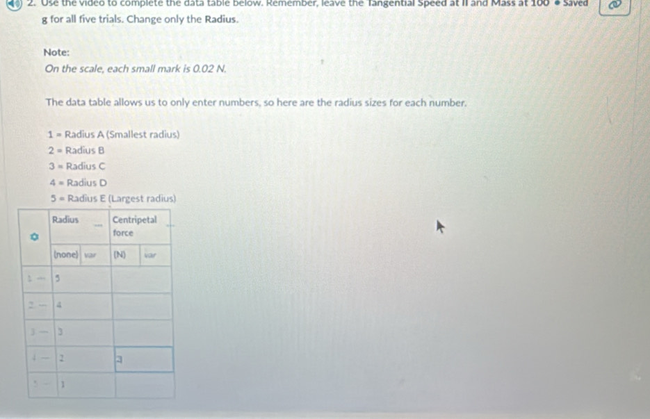 Use the video to complete the data table below. Remember, leave the Tangential Speed at II and Mass at 100 * Saved
g for all five trials. Change only the Radius.
Note:
On the scale, each small mark is 0.02 N.
The data table allows us to only enter numbers, so here are the radius sizes for each number.
1= Radius A (Smallest radius)
2= Radius B
3= Radius C
4= Radius D
5= Radius E (Largest radius)