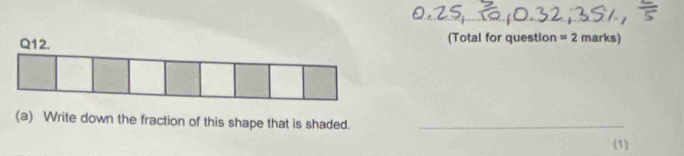 (Total for question =2 marks) 
(a) Write down the fraction of this shape that is shaded._ 
(1)