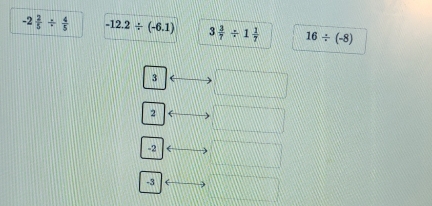 -2 2/5 /  4/5  -12.2/ (-6.1) 3 3/7 / 1 1/7  16/ (-8)
3
2 (
-2 (
-3