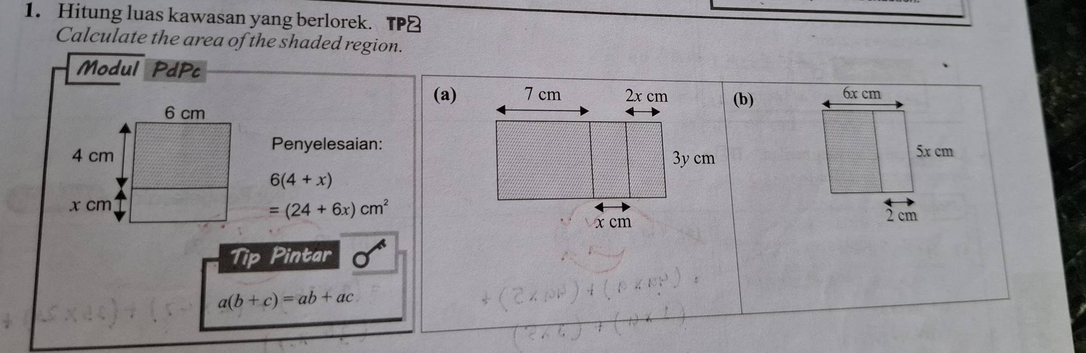 Hitung luas kawasan yang berlorek. TP 
Calculate the area of the shaded region. 
Modul PdPc 
(a)(b)
6x cm
Penyelesaian:
5x cm
6(4+x)
=(24+6x)cm^2
2 cm
Tip Pintar
a(b+c)=ab+ac