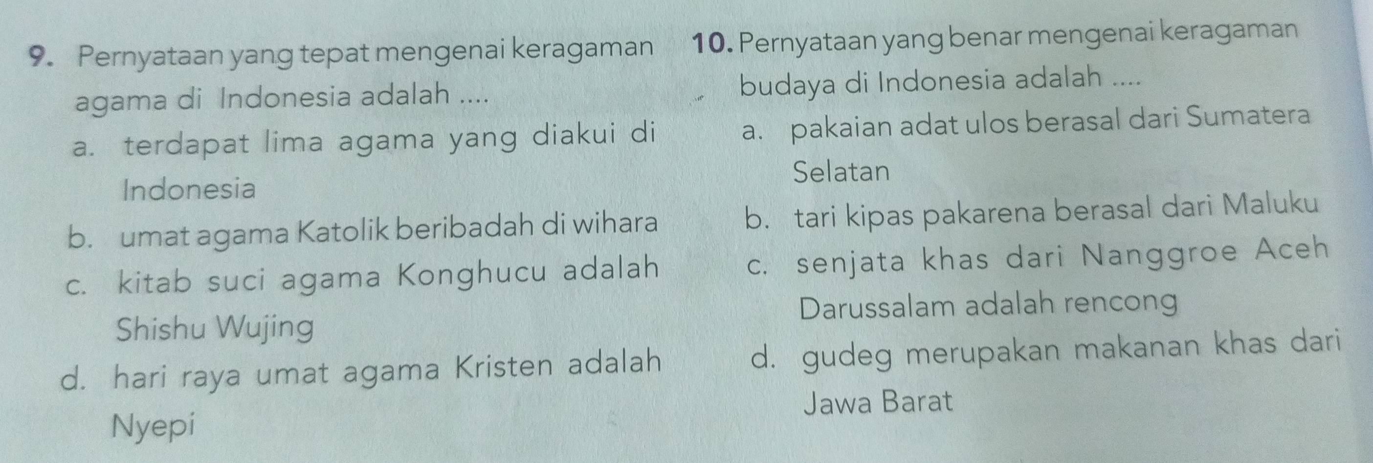 Pernyataan yang tepat mengenai keragaman 10. Pernyataan yang benar mengenai keragaman
agama di Indonesia adalah .... budaya di Indonesia adalah ....
a. terdapat lima agama yang diakui di a. pakaian adat ulos berasal dari Sumatera
Selatan
Indonesia
b. umat agama Katolik beribadah di wihara b. tari kipas pakarena berasal dari Maluku
c. kitab suci agama Konghucu adalah c. senjata khas dari Nanggroe Aceh
Darussalam adalah rencong
Shishu Wujing
d. hari raya umat agama Kristen adalah d. gudeg merupakan makanan khas dari
Jawa Barat
Nyepi