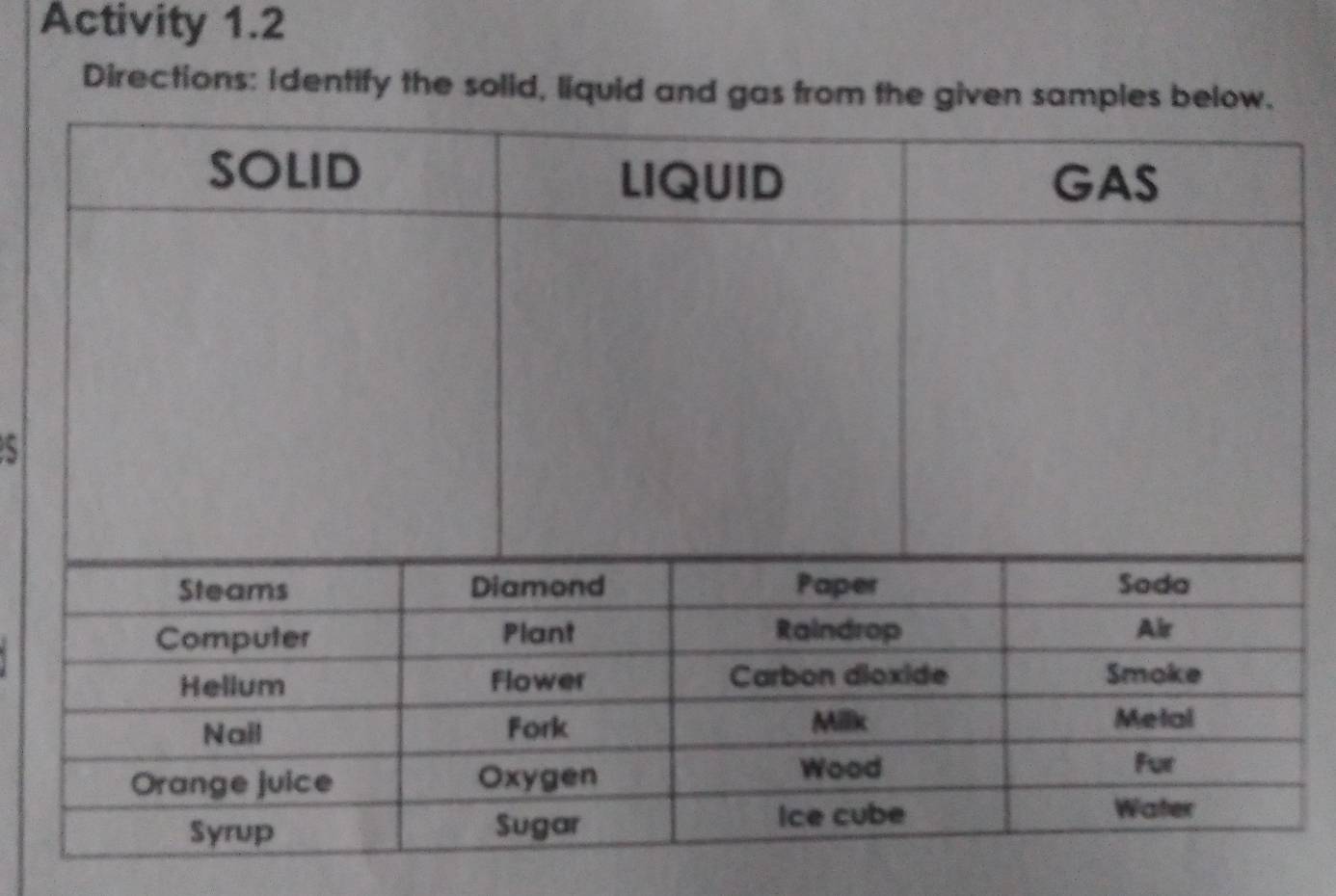 Activity 1.2 
Directions: Identify the solid, liquid and ga 
5