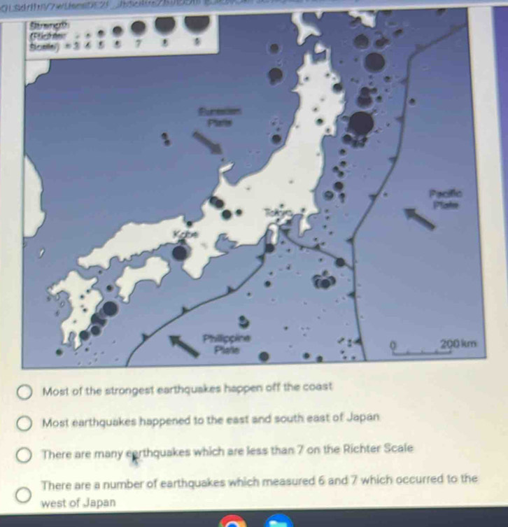 Most earthquakes happened to the east and south east of Japan
There are many earthquakes which are less than 7 on the Richter Scale
There are a number of earthquakes which measured 6 and 7 which occurred to the
west of Japan