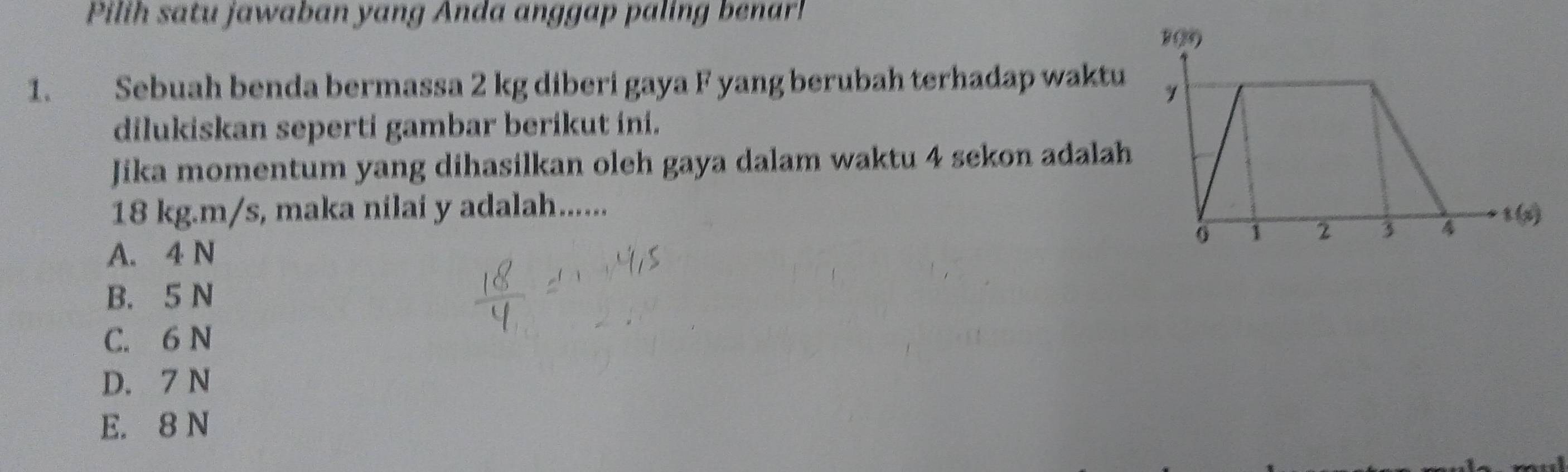 Pilih satu jawaban yang Anda anggap paling benar!
1. Sebuah benda bermassa 2 kg diberi gaya F yang berubah terhadap waktu
dilukiskan seperti gambar berikut ini.
Jika momentum yang dihasilkan oleh gaya dalam waktu 4 sekon adalah
18 kg. m/s, maka nilai y adalah......
A. 4 N
B. 5 N
C. 6 N
D. 7 N
E. 8 N