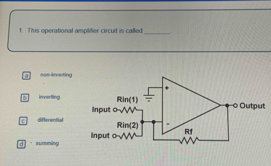 This operational amplifier circuit is called_
a non-inverting
b inverting
Rin(1)overline =
Input
Output
C differential
Rin(2) -
Input
Rf
dsumming