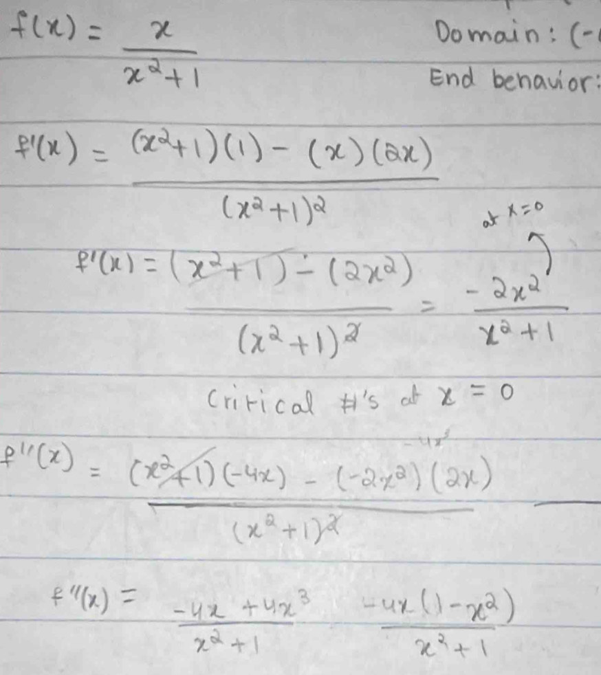 f(x)= x/x^2+1 
Domain: (- 
End behavior?
f'(x)=frac (x^2+1)(1)-(x)(2x)(x^2+1)^2 o x=0
f'(x)=frac (x^2+1)-(2x^2)(x^2+1)^2= (-2x^2)/x^2+1 
crirical 's at x=0
f''(x)=frac (x^2+1)(-4x)-(-2x^2)(2x)(x^2+1)^2
f''(x)= (-4x+4x^3)/x^2+1  (-4x(1-x^2))/x^2+1 