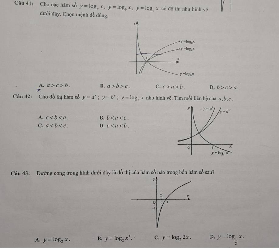 Cho các hàm số y=log _ax,y=log _bx,y=log _cx có đồ thị như hình vẽ
dưới đây. Chọn mệnh đề đúng.
A. a>c>b. B. a>b>c. C. c>a>b. D. b>c>a.
Câu 42: Cho d_0^(1 thị hàm số y=a^x);y=b^x;y=log _cx như hình vẽ. Tìm mối liên hệ của a,b,c .
A. c B. b
C. a D. c
Câu 43: Đường cong trong hình dưới đây là đồ thị của hàm số nào trong bốn hàm số sau?
A. y=log _2x. B. y=log _2x^2. C. y=log _22x. D. y=log _ 1/2 x.