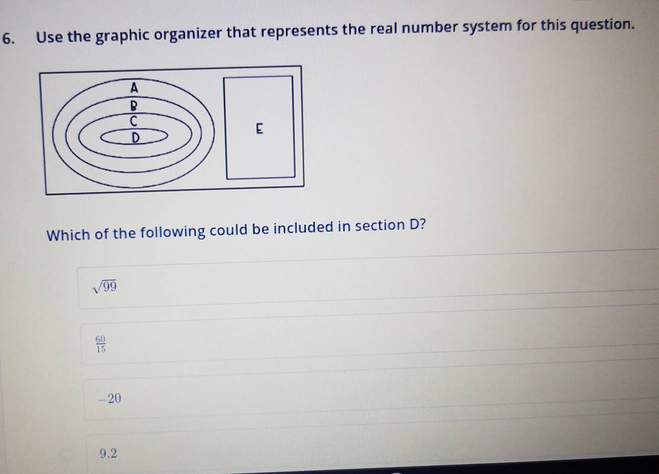 Use the graphic organizer that represents the real number system for this question.
Which of the following could be included in section D?
sqrt(99)
 60/15 
-20
9.2