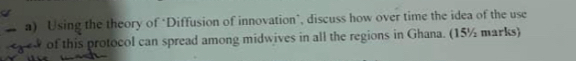 Using the theory of ‘Diffusion of innovation’, discuss how over time the idea of the use 
e of this protocol can spread among midwives in all the regions in Ghana. (15½ marks)