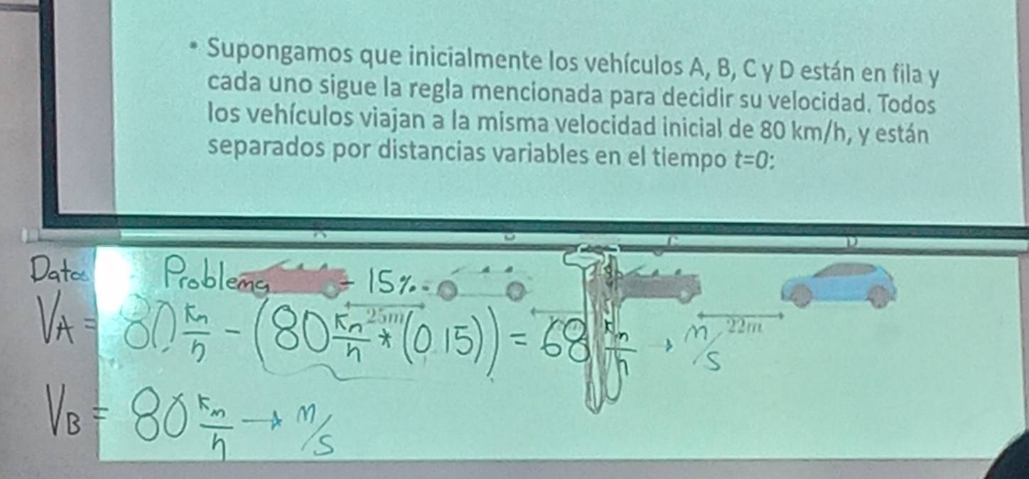 Supongamos que inicialmente los vehículos A, B, C y D están en fila y 
cada uno sigue la regla mencionada para decidir su velocidad. Todos 
los vehículos viajan a la misma velocidad inicial de 80 km/h, y están 
separados por distancias variables en el tiempo t=0.
22m