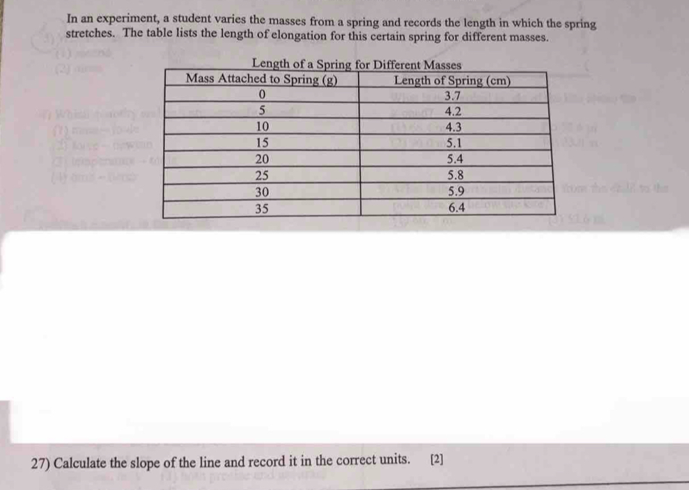 In an experiment, a student varies the masses from a spring and records the length in which the spring 
stretches. The table lists the length of elongation for this certain spring for different masses. 
27) Calculate the slope of the line and record it in the correct units. [2]