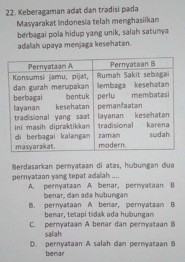 Keberagaman adat dan tradisi pada
Masyarakat Indonesia telah menghasilkan
berbagai pola hidup yang unik, salah satunya
adalah upaya menjaga kesehatan.
Berdasarkan pernyataan di atas, hubungan dua
pernyataan yang tepat adalah ....
A. pernyataan A benar, pernyataan B
benar, dan ada hubungan
B. pernyataan A benar, pernyataan B
benar, tetapi tidak ada hubungan
C. pernyataan A benar dan pernyataan B
salah
D. pernyataan A salah dan pernyataan B
benar