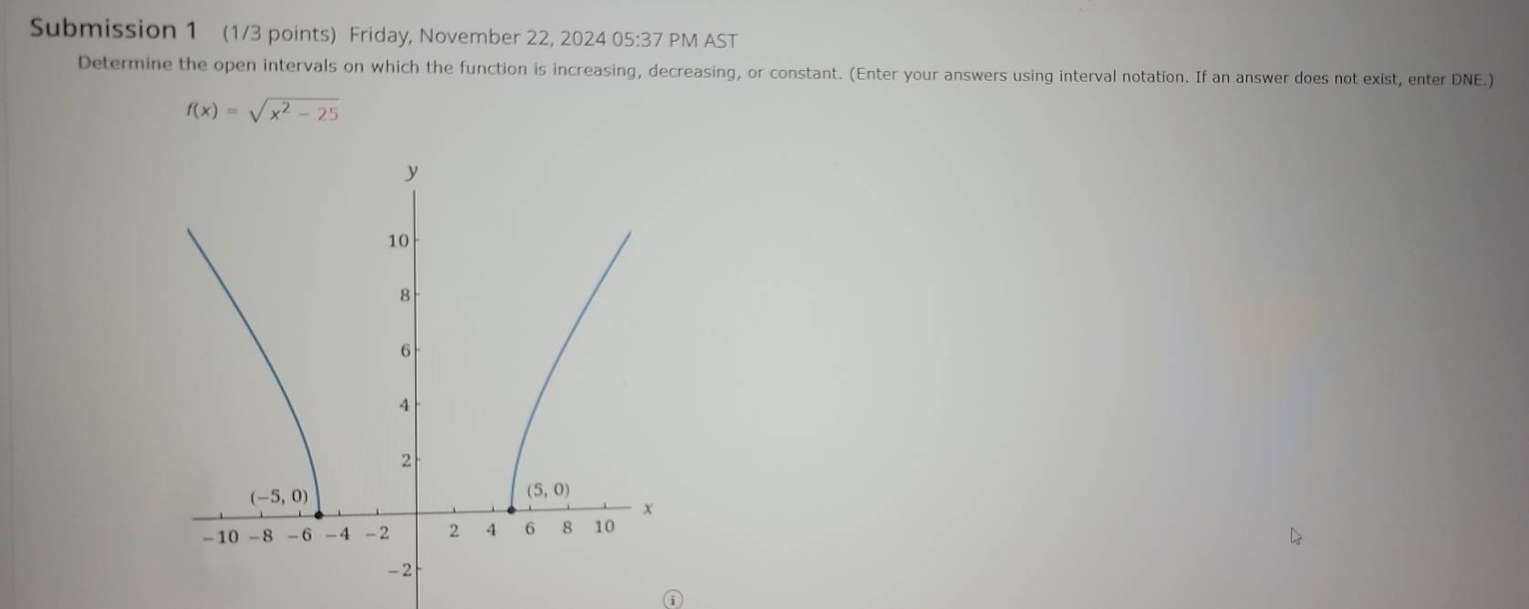 Submission 1 (1/3 points) Friday, November 22, 2024 05:37 PM AST
Determine the open intervals on which the function is increasing, decreasing, or constant. (Enter your answers using interval notation. If an answer does not exist, enter DNE.)
f(x)=sqrt(x^2-25)
G