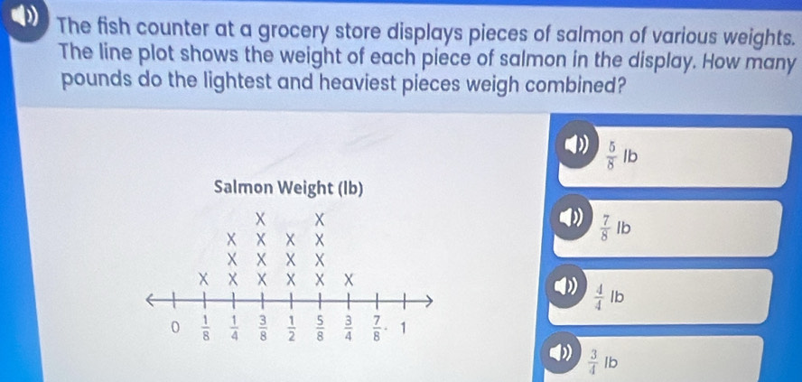 The fish counter at a grocery store displays pieces of salmon of various weights.
The line plot shows the weight of each piece of salmon in the display. How many
pounds do the lightest and heaviest pieces weigh combined?
 5/8 lb
 7/8  lb
 4/4 lb
 3/4 lb