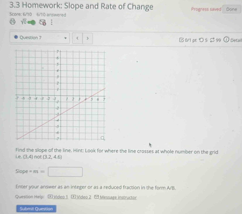 3.3 Homework: Slope and Rate of Change Done 
Progress saved 
Score: 6/10 6/10 answered 
sqrt(0) 
Question 7 r > □0/1 ptつ 5 299 ⓘDetai 
Find the slope of the line. Hint: Look for where the line crosses at whole number on the grid 
i.e. (3,4) not (3.2,4.6)
Slope =m=
Enter your answer as an integer or as a reduced fraction in the form A/B. 
Question Help: + Video 1 + Video 2 - Message instructor 
Submit Question