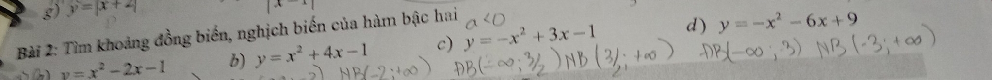 y=|x+2|
Bài 2: Tìm khoảng đồng biến, nghịch biến của hàm bậc hai 
c) y=-x^2+3x-1
d) y=-x^2-6x+9
a y=x^2-2x-1
b) y=x^2+4x-1