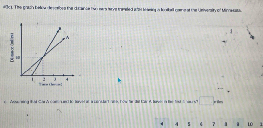 #3c). The graph below describes the distance two cars have traveled after leaving a football game at the University of Minnesota. 
c. Assuming that Car A continued to travel at a constant rate, how far did Car A travel in the first 4 hours? miles
4 5 6 7 8 9 10 1