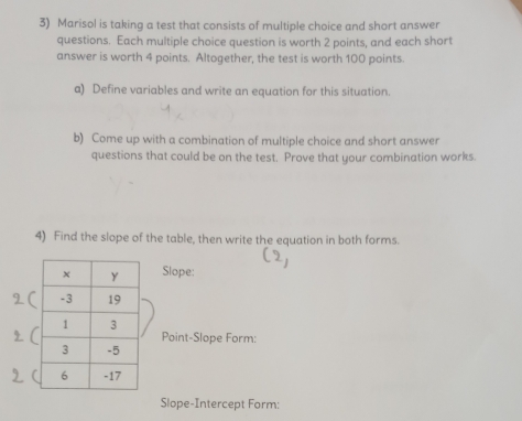 Marisol is taking a test that consists of multiple choice and short answer 
questions. Each multiple choice question is worth 2 points, and each short 
answer is worth 4 points. Altogether, the test is worth 100 points. 
a) Define variables and write an equation for this situation. 
b) Come up with a combination of multiple choice and short answer 
questions that could be on the test. Prove that your combination works. 
4) Find the slope of the table, then write the equation in both forms. 
Slope: 
Point-Slope Form: 
Slope-Intercept Form: