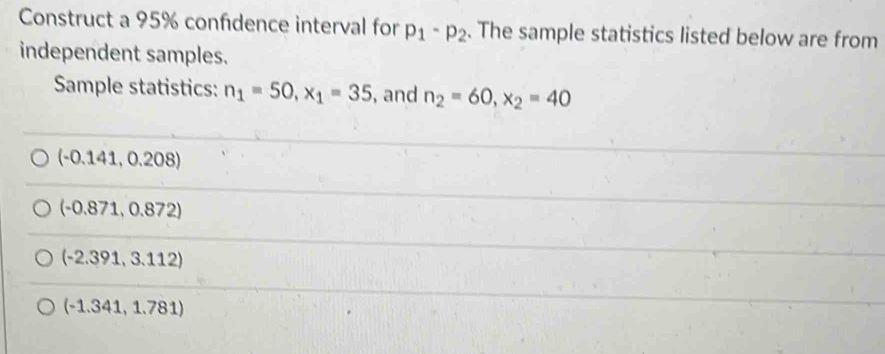 Construct a 95% confidence interval for p_1-p_2. The sample statistics listed below are from
independent samples.
Sample statistics: n_1=50, x_1=35 , and n_2=60, x_2=40
(-0.141,0.208)
(-0.871,0.872)
(-2.391,3.112)
(-1.341,1.781)