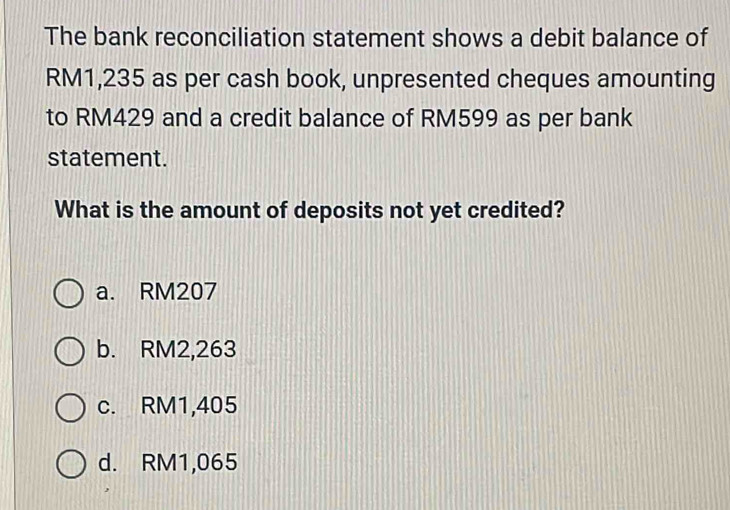 The bank reconciliation statement shows a debit balance of
RM1,235 as per cash book, unpresented cheques amounting
to RM429 and a credit balance of RM599 as per bank
statement.
What is the amount of deposits not yet credited?
a. RM207
b. RM2,263
c. RM1,405
d. RM1,065