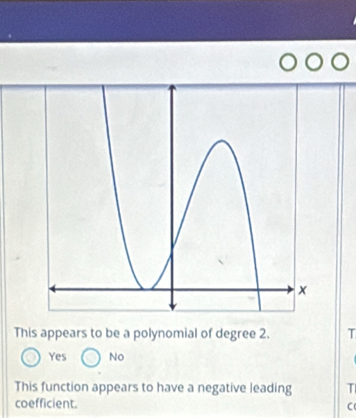 This appears to be a polynomial of degree 2. T
Yes No
This function appears to have a negative leading T
coefficient.
C