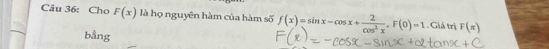 Cho F(x) là họ nguyên hàm của hàm số f(x)=sin x-cos x+ 2/cos^2x , F(0)=1. Giá trị F(π )
bằng