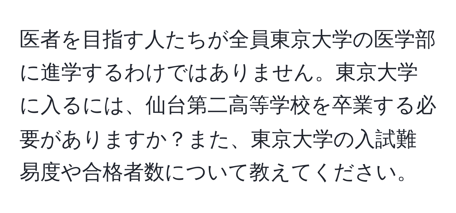 医者を目指す人たちが全員東京大学の医学部に進学するわけではありません。東京大学に入るには、仙台第二高等学校を卒業する必要がありますか？また、東京大学の入試難易度や合格者数について教えてください。