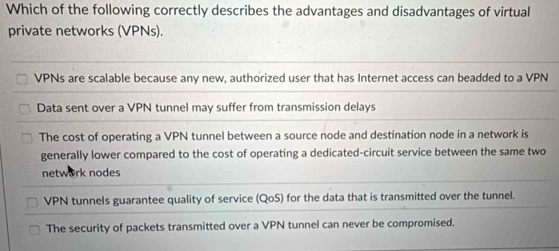 Which of the following correctly describes the advantages and disadvantages of virtual
private networks (VPNs).
VPNs are scalable because any new, authorized user that has Internet access can beadded to a VPN
Data sent over a VPN tunnel may suffer from transmission delays
The cost of operating a VPN tunnel between a source node and destination node in a network is
generally lower compared to the cost of operating a dedicated-circuit service between the same two
network nodes
VPN tunnels guarantee quality of service (QoS) for the data that is transmitted over the tunnel.
The security of packets transmitted over a VPN tunnel can never be compromised.