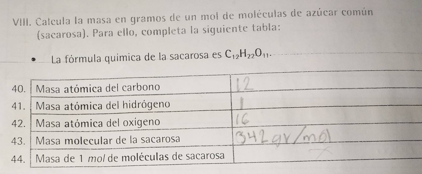 Calcula la masa en gramos de un mol de moléculas de azúcar común 
(sacarosa). Para ello, completa la siguiente tabla: 
La fórmula química de la sacarosa es C_12H_22O_11.