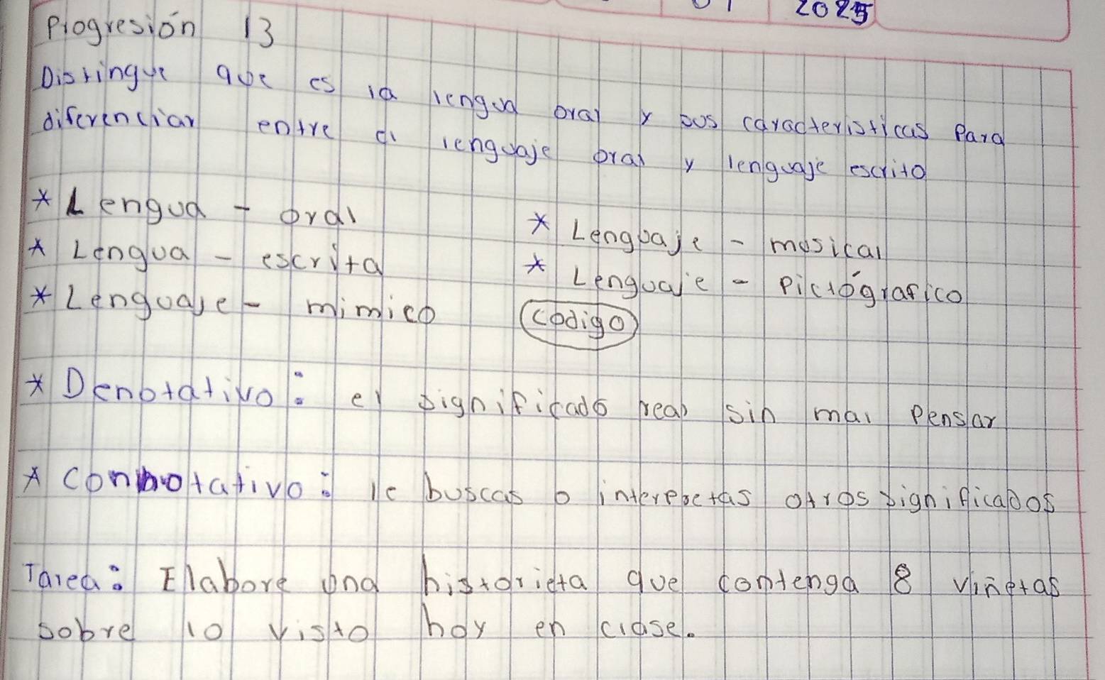 plogresion 13
2085
Disringy q0c es i0 lengog bray y bus caracteris+)cas pard
diferin(iar enire q lenguaje pra y lenguaje escrito
*Lengod + oral Lengpajc -mosical
xLènguaescryta *Lenguae -piclograrico
* Lenguase-mimico
(odigo)
* Denotativo. er significado reap sin ma. plnsar
A Conotafivo : le buscas b interesets oAros bignificabos
Tared: Elabore and historieta gue contenga 8 vinetas
sobre 10 visto hoy en clase.