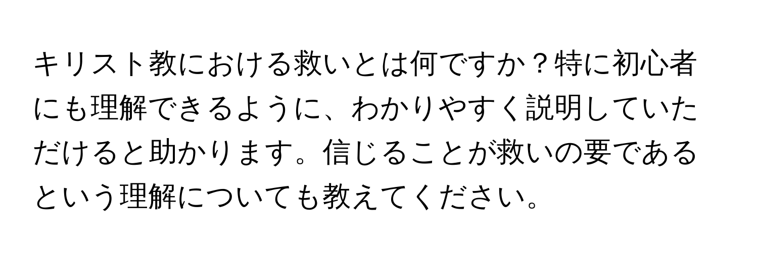 キリスト教における救いとは何ですか？特に初心者にも理解できるように、わかりやすく説明していただけると助かります。信じることが救いの要であるという理解についても教えてください。