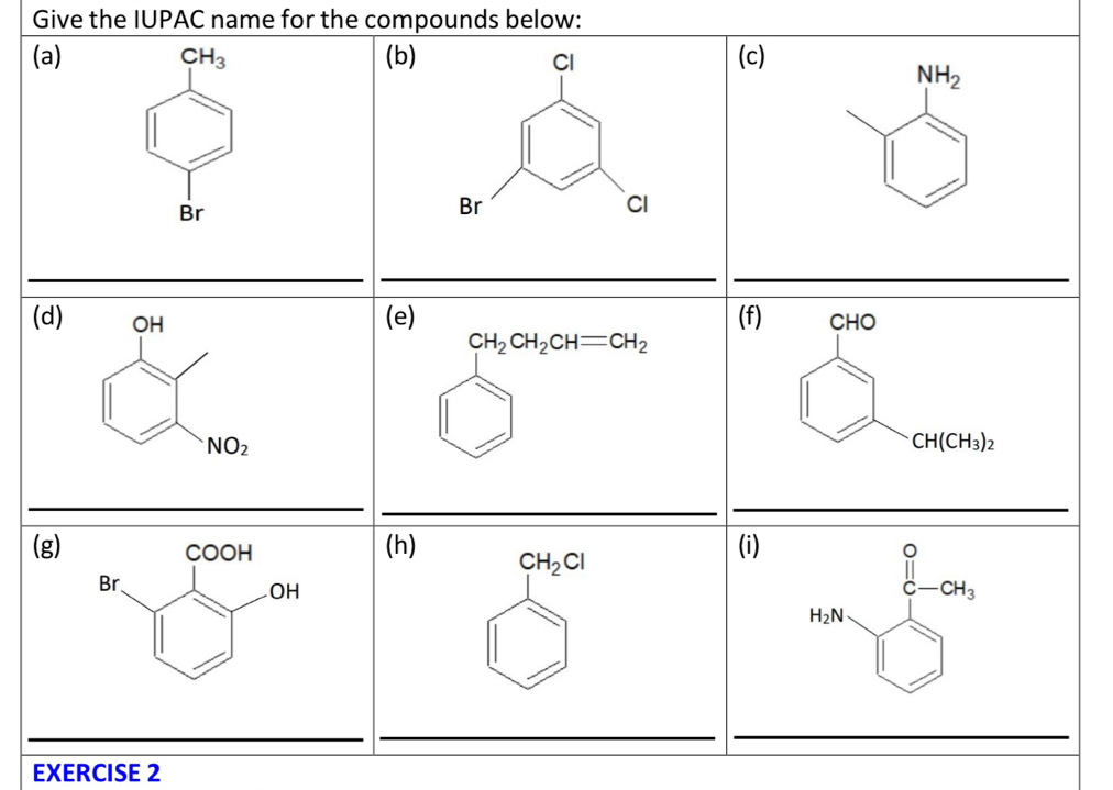 Give the IUPAC name for the compounds below:
(
(
(
EXERCISE 2