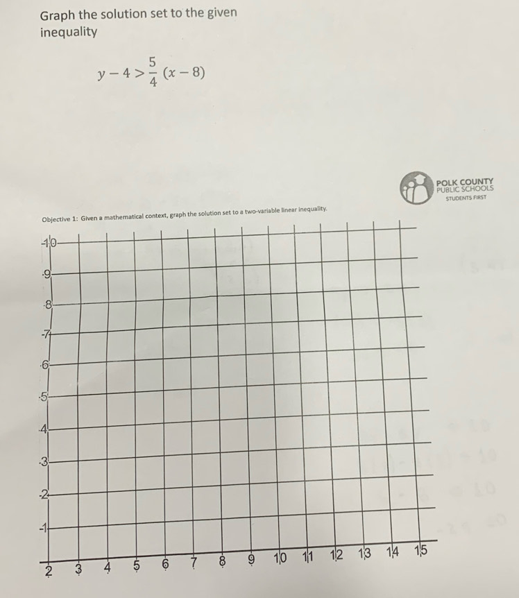 Graph the solution set to the given 
inequality
y-4> 5/4 (x-8)
POLK COUNTY 
PUBLIC SCHOOLS 
STUDENTS FIRST 
two-variable linear inequality.