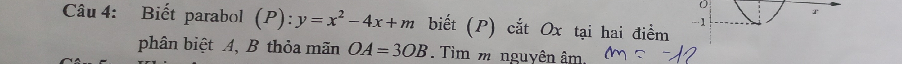 Biết parabol (P):y=x^2-4x+m biết (P) cắt Ox tại hai điểm
-1
phân biệt A, B thỏa mãn OA=3OB. Tìm m nguyên âm.