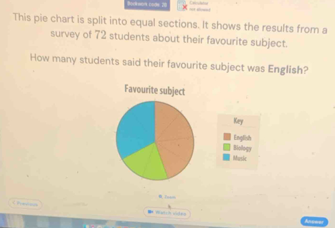 Calculator 
Bookwork cods. 28 not sllowed 
This pie chart is split into equal sections. It shows the results from a 
survey of 72 students about their favourite subject. 
How many students said their favourite subject was English? 
Favourite subject 
Key 
English 
Biology 
Music 
Zoam 
< Previous 
** Watch vides Answer