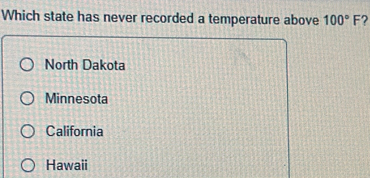 Which state has never recorded a temperature above 100°F ?
North Dakota
Minnesota
California
Hawaii