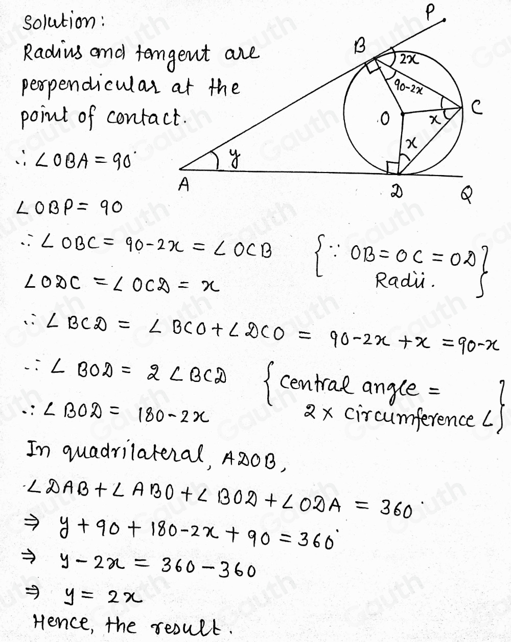 Solved: ABP and ADQ are tangents to the circle, centre O. C lies on the ...