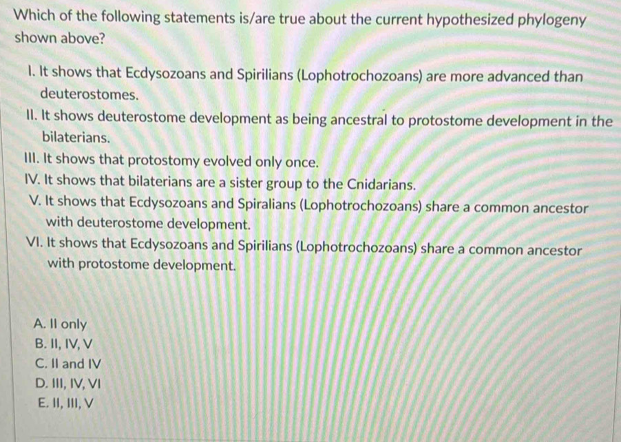 Which of the following statements is/are true about the current hypothesized phylogeny
shown above?
l. It shows that Ecdysozoans and Spirilians (Lophotrochozoans) are more advanced than
deuterostomes.
II. It shows deuterostome development as being ancestral to protostome development in the
bilaterians.
III. It shows that protostomy evolved only once.
IV. It shows that bilaterians are a sister group to the Cnidarians.
V. It shows that Ecdysozoans and Spiralians (Lophotrochozoans) share a common ancestor
with deuterostome development.
VI. It shows that Ecdysozoans and Spirilians (Lophotrochozoans) share a common ancestor
with protostome development.
A. II only
B. II, IV, V
C. II and IV
D. III, IV, VI
E. II, III, V