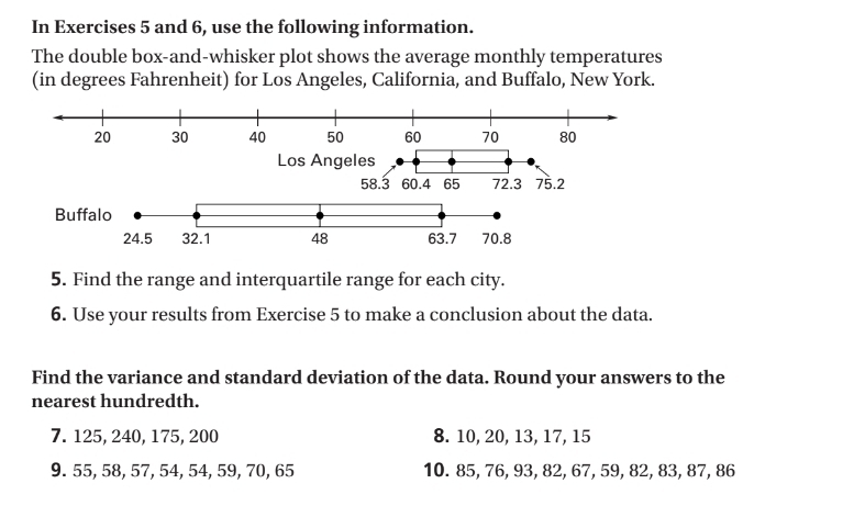 In Exercises 5 and 6, use the following information. 
The double box-and-whisker plot shows the average monthly temperatures 
(in degrees Fahrenheit) for Los Angeles, California, and Buffalo, New York.
20 30 40 50 60 70 80
Los Angeles
58.3 60.4 65 72.3 75.2
Buffalo
24.5 32.1 48 63.7 70.8
5. Find the range and interquartile range for each city. 
6. Use your results from Exercise 5 to make a conclusion about the data. 
Find the variance and standard deviation of the data. Round your answers to the 
nearest hundredth. 
7. 125, 240, 175, 200 8. 10, 20, 13, 17, 15
9. 55, 58, 57, 54, 54, 59, 70, 65 10. 85, 76, 93, 82, 67, 59, 82, 83, 87, 86