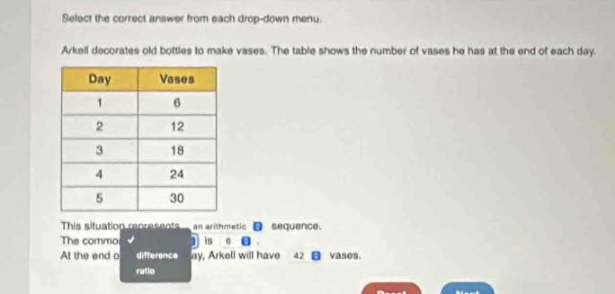 Select the correct answer from each drop-down menu. 
Arkell decorates old bottles to make vases. The table shows the number of vases he has at the end of each day. 
This situation represents_ an arithmetic ■ sequence. 
The commo is 6
At the end o difference ay, Arkell will have 42 vases. 
ratio