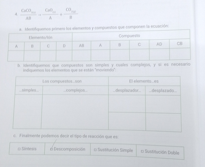 frac CaCO_3(s)ABto frac CaO_(s)A+frac CO_2(g)B
elementos y compuestos que componen la ecuación:
b. Identifiquemos que compuestos son simples y cuales complejos, y si es necesario
indiquemos los elementos que se están 'moviendo':
c. Finalmente podemos decir el tipo de reacción que es:
□ Síntesis 1 Descomposición * Sustitución Simple * Sustitución Doble