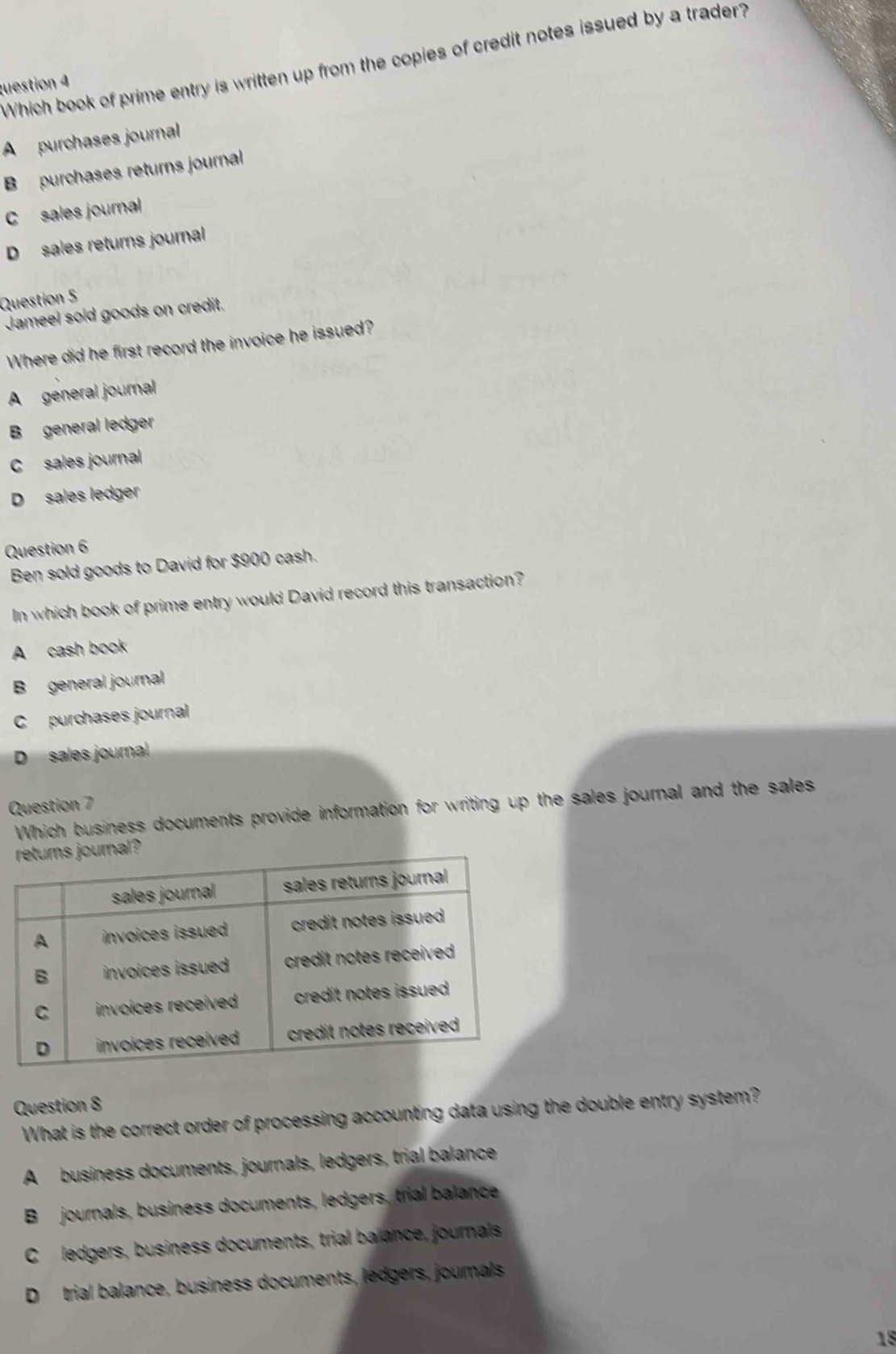 Which book of prime entry is written up from the copies of credit notes issued by a trader?
guestion 4
A purchases journal
B purchases returns journal
C sales journal
D sales returns journal
Question 5
Jameel sold goods on credit.
Where did he first record the invoice he issued?
A general journal
B general ledger
C sales journal
D sales ledger
Question 6
Ben sold goods to David for $900 cash.
In which book of prime entry would David record this transaction?
A cash book
B general journal
C purchases journal
D sales journal
Question 7
Which business documents provide information for writing up the sales journal and the sales
Question 8
What is the correct order of processing accounting data using the double entry system?
A business documents, journals, ledgers, trial balance
Bjournals, business documents, ledgers, trial balance
Cledgers, business documents, trial balance, journals
D trial balance, business documents, lédgers, journals
18