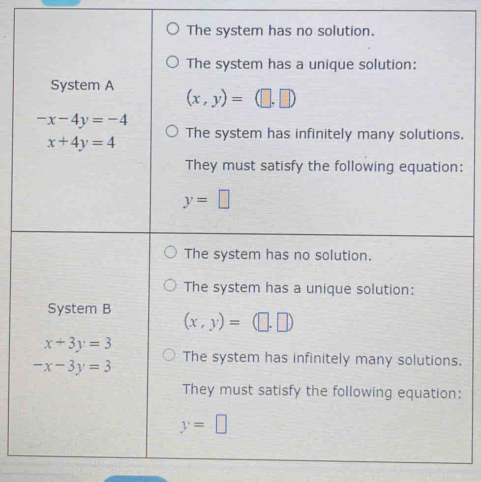 The system has no solution.
The system has a unique solution:
System A
(x,y)=(□ ,□ )
-x-4y=-4
The system has infinitely many solutions.
x+4y=4
They must satisfy the following equation:
y=□
The system has no solution.
The system has a unique solution:
System B
(x,y)=(□ ,□ )
x+3y=3
-x-3y=3
The system has infinitely many solutions.
They must satisfy the following equation:
y=□