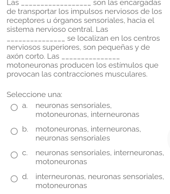 Las_ son las encargadas
de transportar los impulsos nerviosos de los
receptores u órganos sensoriales, hacia el
sistema nervioso central. Las
_se localizan en los centros
nerviosos superiores, son pequeñas y de
axón corto. Las_
motoneuronas producen los estímulos que
provocan las contracciones musculares
Seleccione una:
a. neuronas sensoriales.
motoneuronas, interneuronas
b. motoneuronas, interneuronas,
neuronas sensoriales
c. neuronas sensoriales, interneuronas,
motoneuronas
d. interneuronas, neuronas sensoriales,
motoneuronas