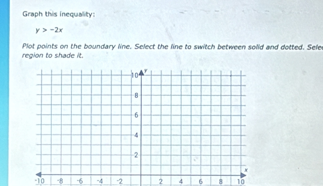 Graph this inequality:
y>-2x
Plot points on the boundary line. Select the line to switch between solld and dotted. Sele 
region to shade it.
10 -8 -6 -4 -2 2 4 6 8 10